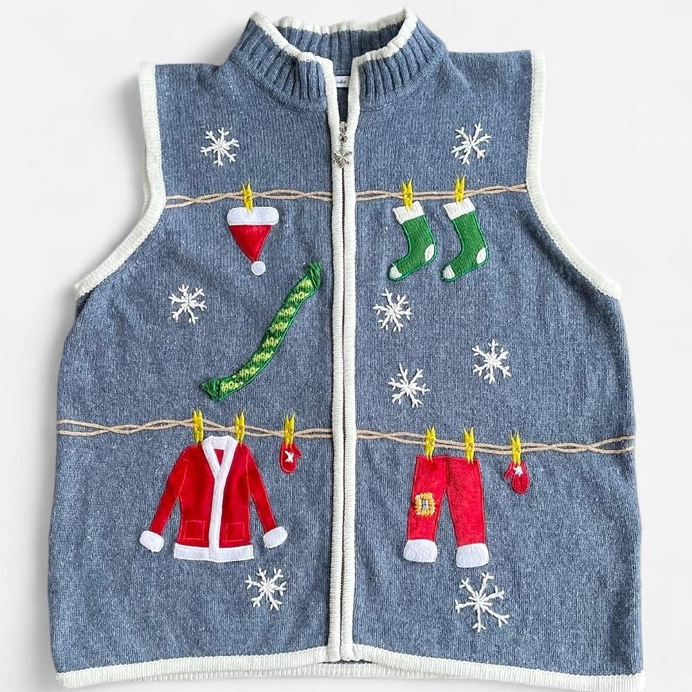 Mercer Street Studio Light Blue Knit Zippered Embroidered Christmas Sweater Vest